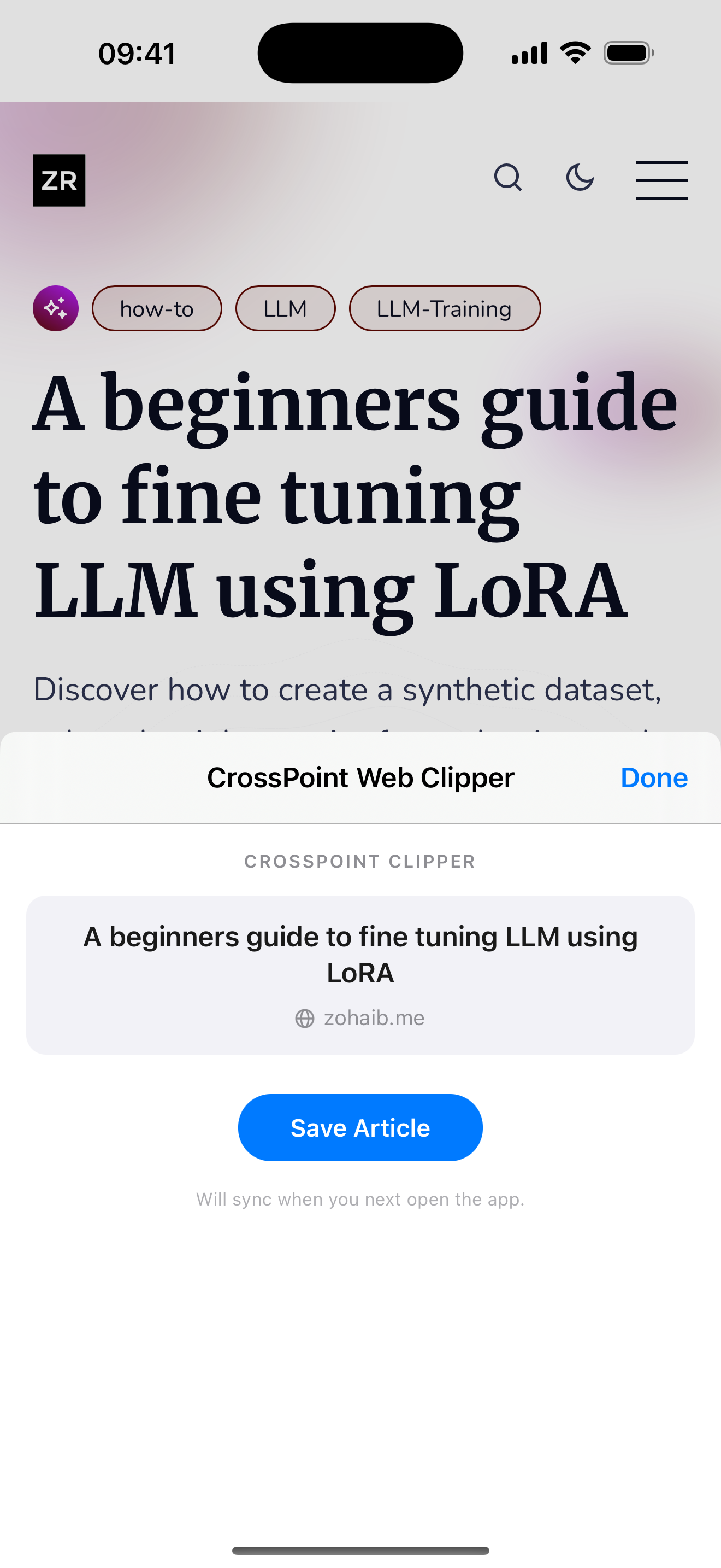 Safari web clipper converting an article