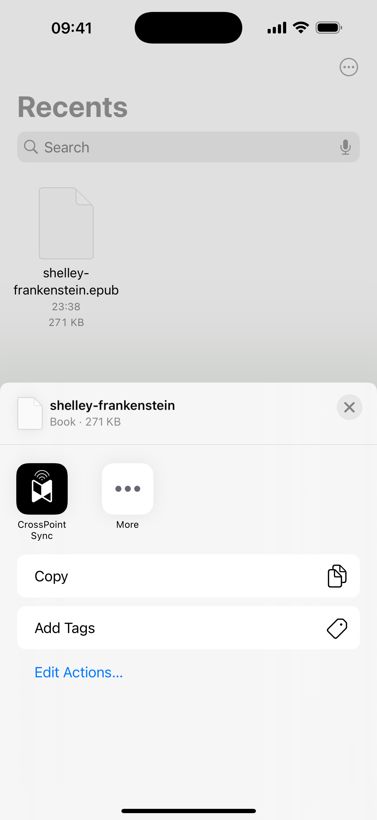 iOS share sheet with CrossPoint Sync option