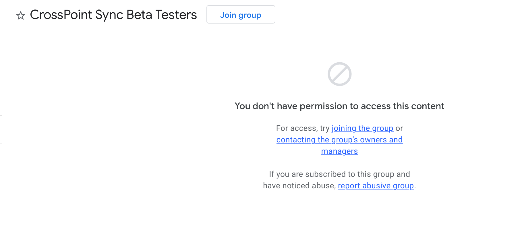 Screenshot showing the Join group button and joining the group link on the Google Group page