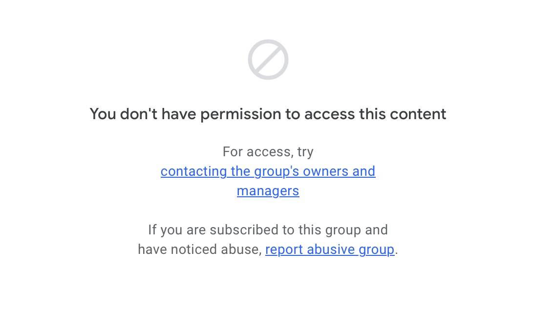 Screenshot showing 'You don't have permission to access this content' error when not signed into Google